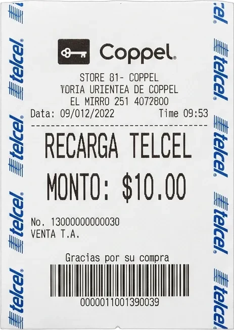 Recarga Telcel $10