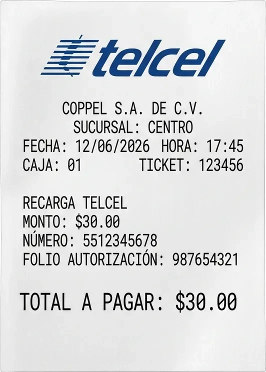 Recarga Telcel $30